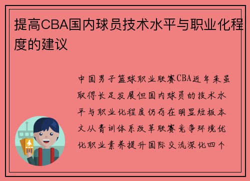 提高CBA国内球员技术水平与职业化程度的建议