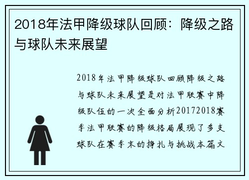 2018年法甲降级球队回顾：降级之路与球队未来展望