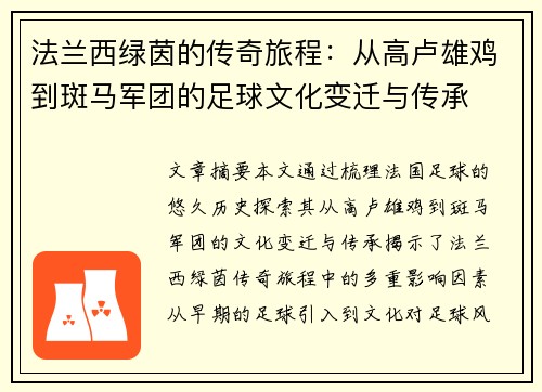 法兰西绿茵的传奇旅程：从高卢雄鸡到斑马军团的足球文化变迁与传承