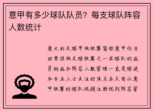 意甲有多少球队队员？每支球队阵容人数统计